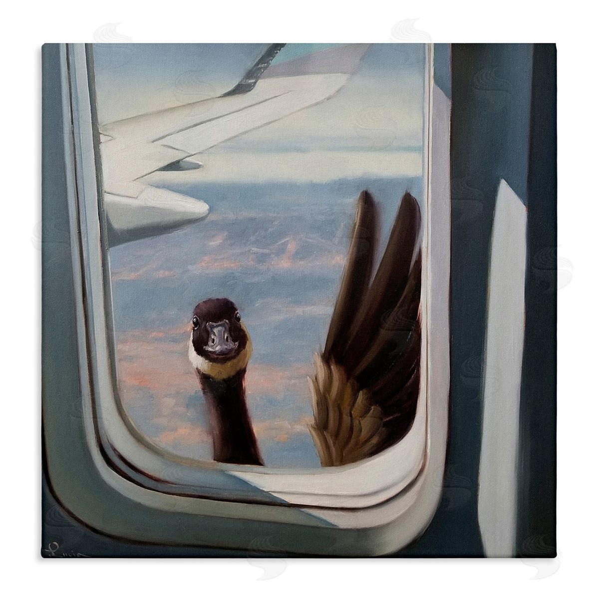Goose in Airplane Window Scene Canvas Wall Art, Home Decor by Lucia Heffernan
