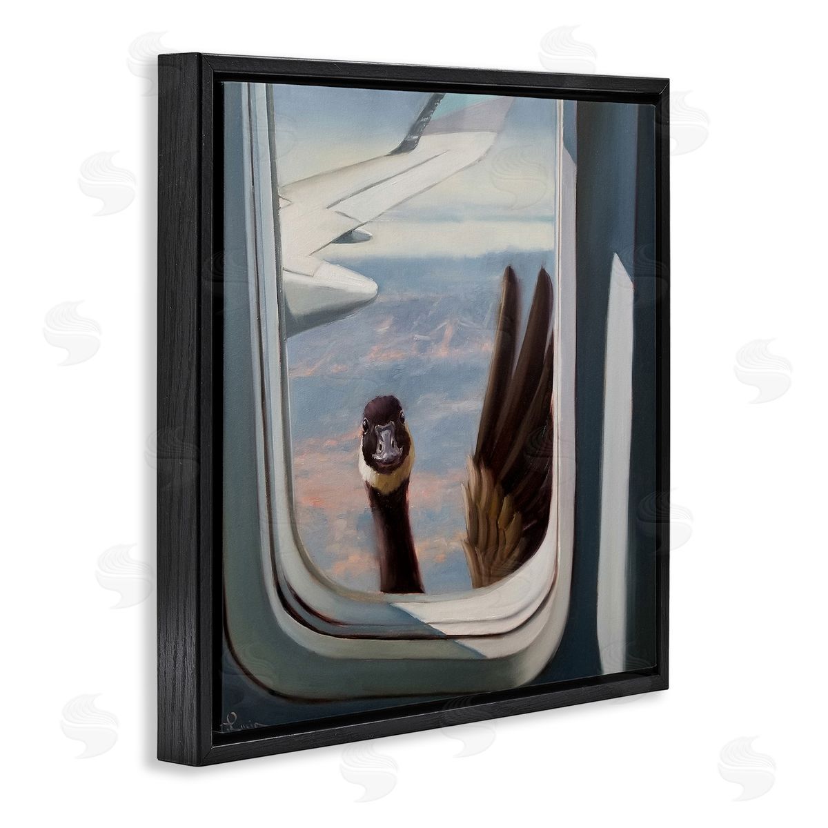 Goose in Airplane Window Scene Black Floating Frame Canvas Wall Art, Home Decor by Lucia Heffernan