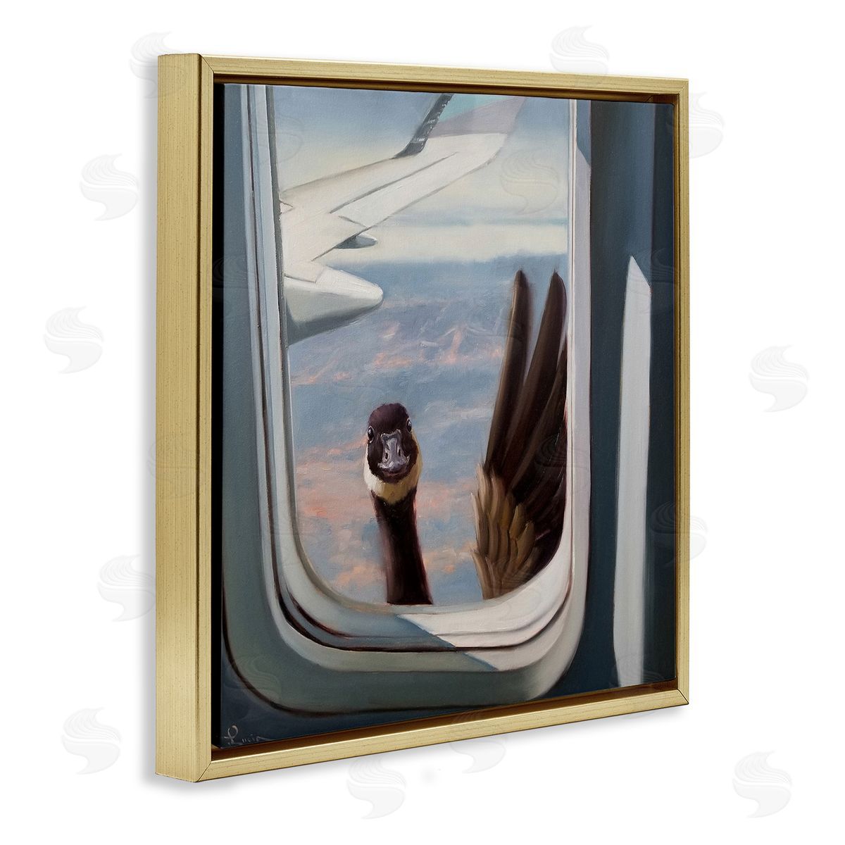 Goose in Airplane Window Scene Gold Floating Frame Canvas Wall Art, Home Decor by Lucia Heffernan