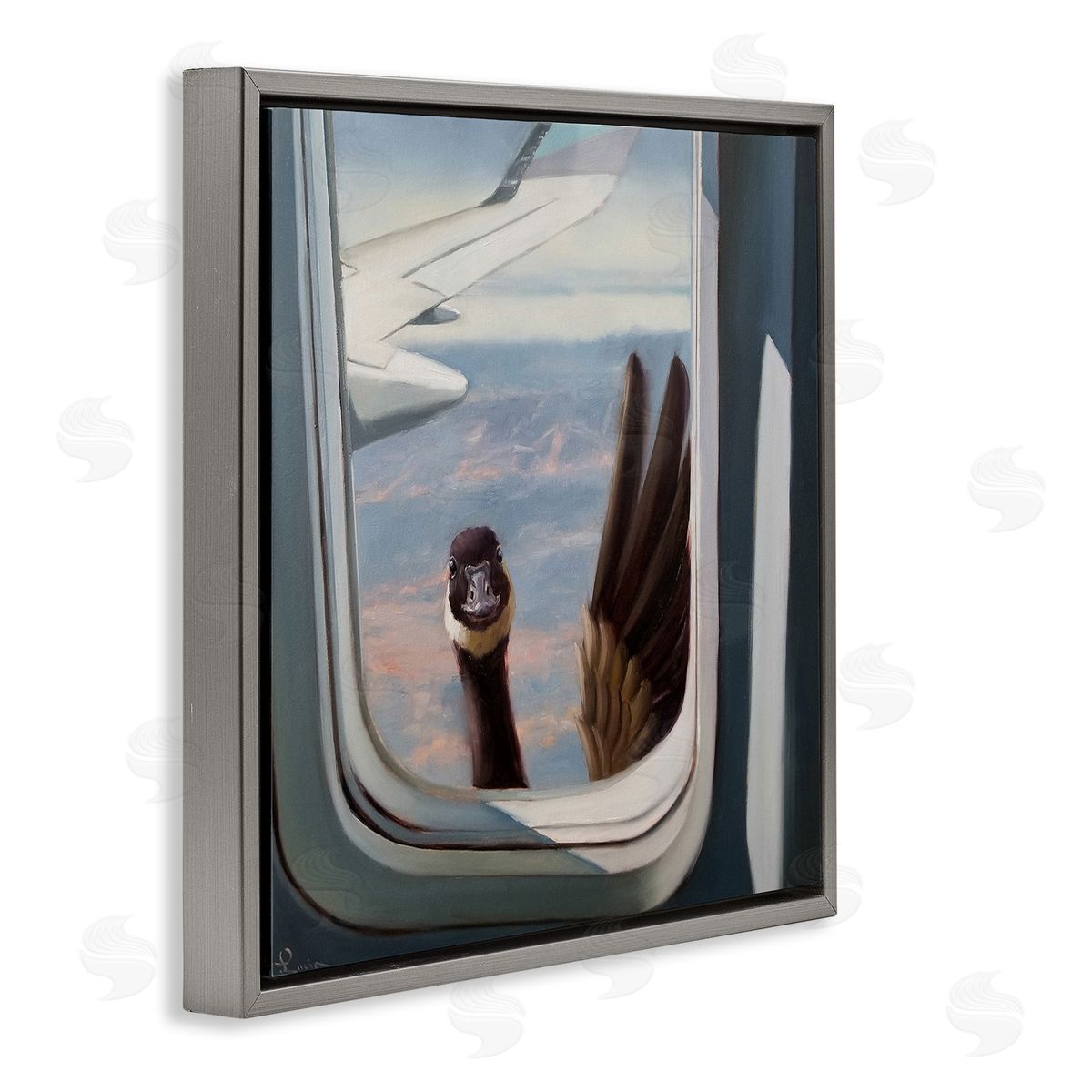 Goose in Airplane Window Scene Grey Floating Frame Canvas Wall Art, Home Decor by Lucia Heffernan