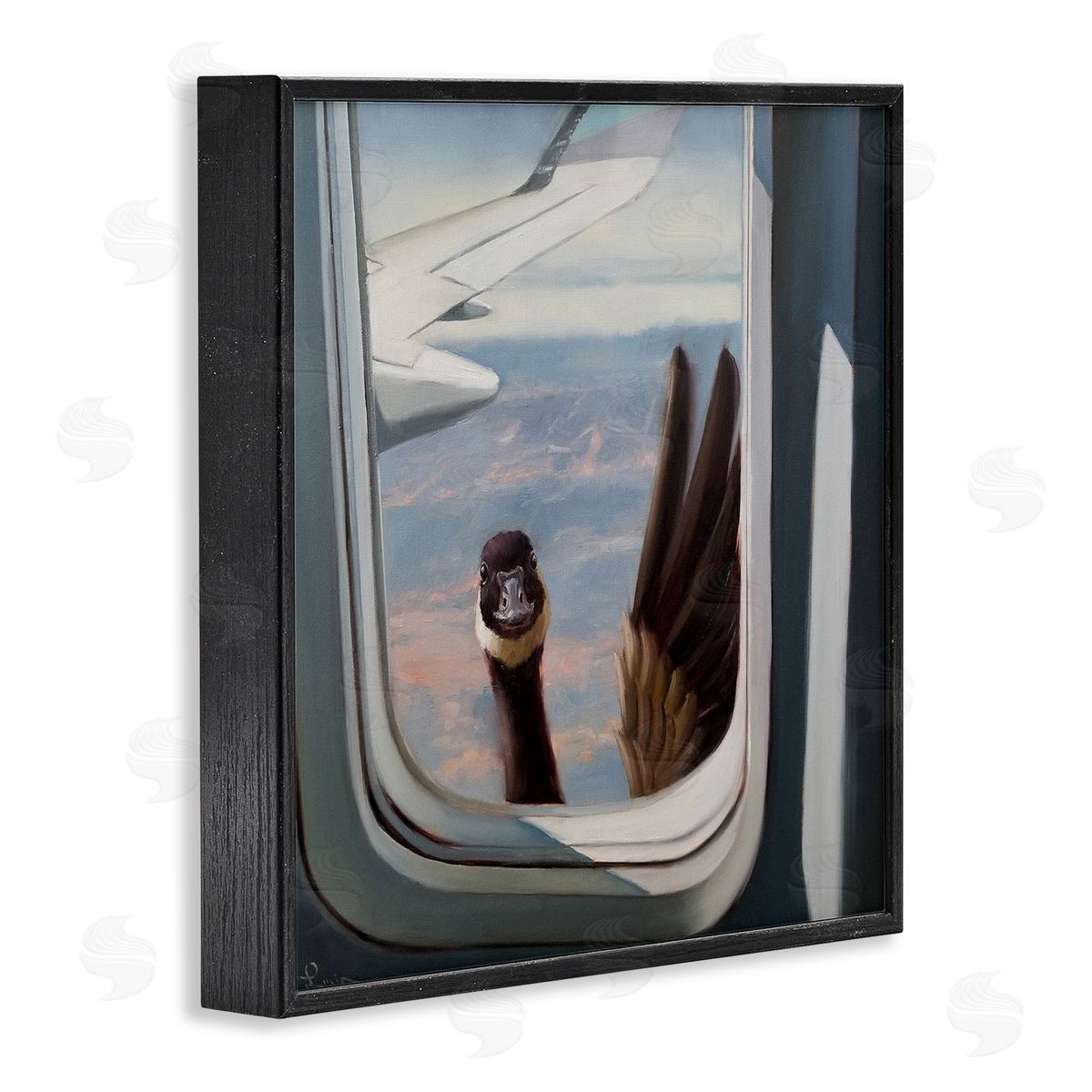 Goose in Airplane Window Scene Black Frame Print Wall Art, Home Decor by Lucia Heffernan