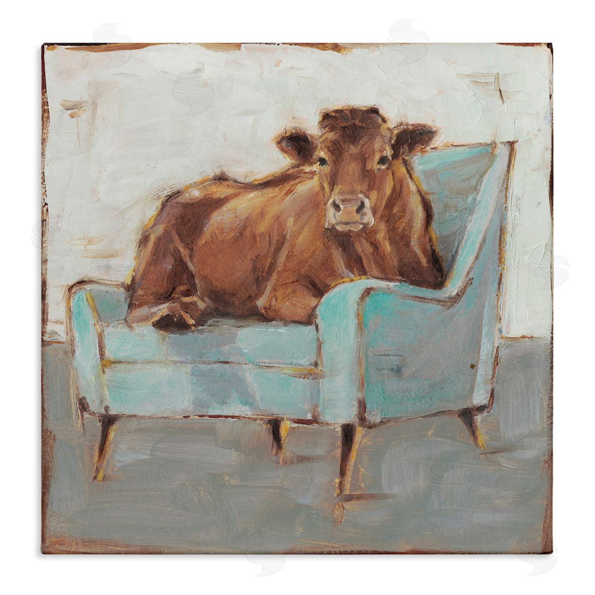 Bull on Blue Couch Canvas Wall Art, Home Decor by Ethan Harper