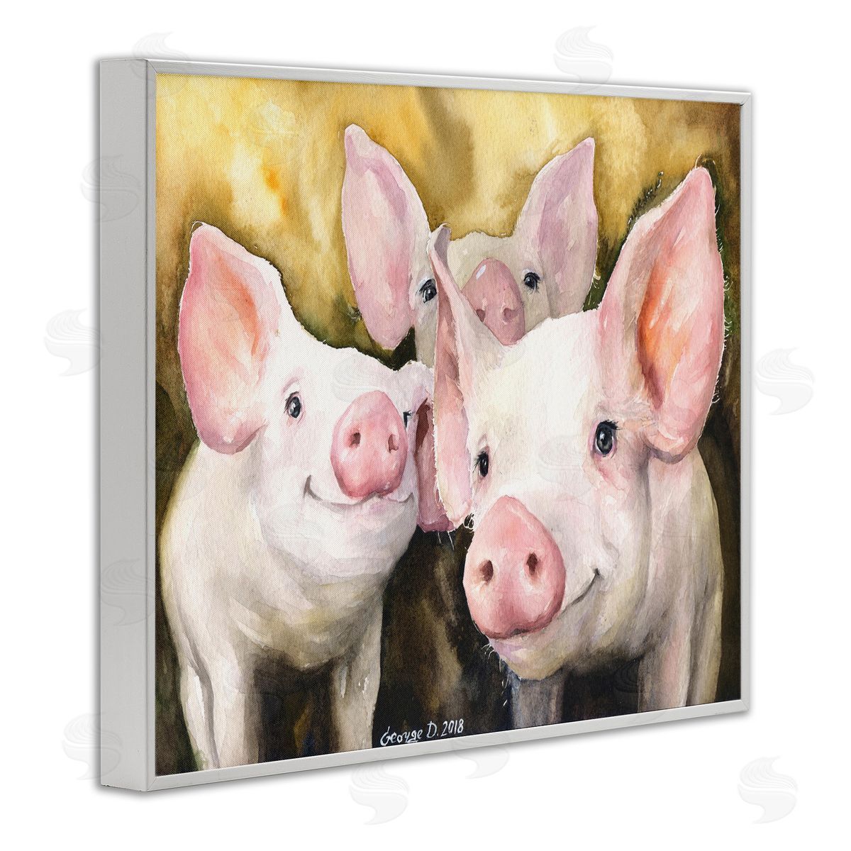 Baby Pigs on Yellow White Frame Print Wall Art, Home Decor by George Dyachenko