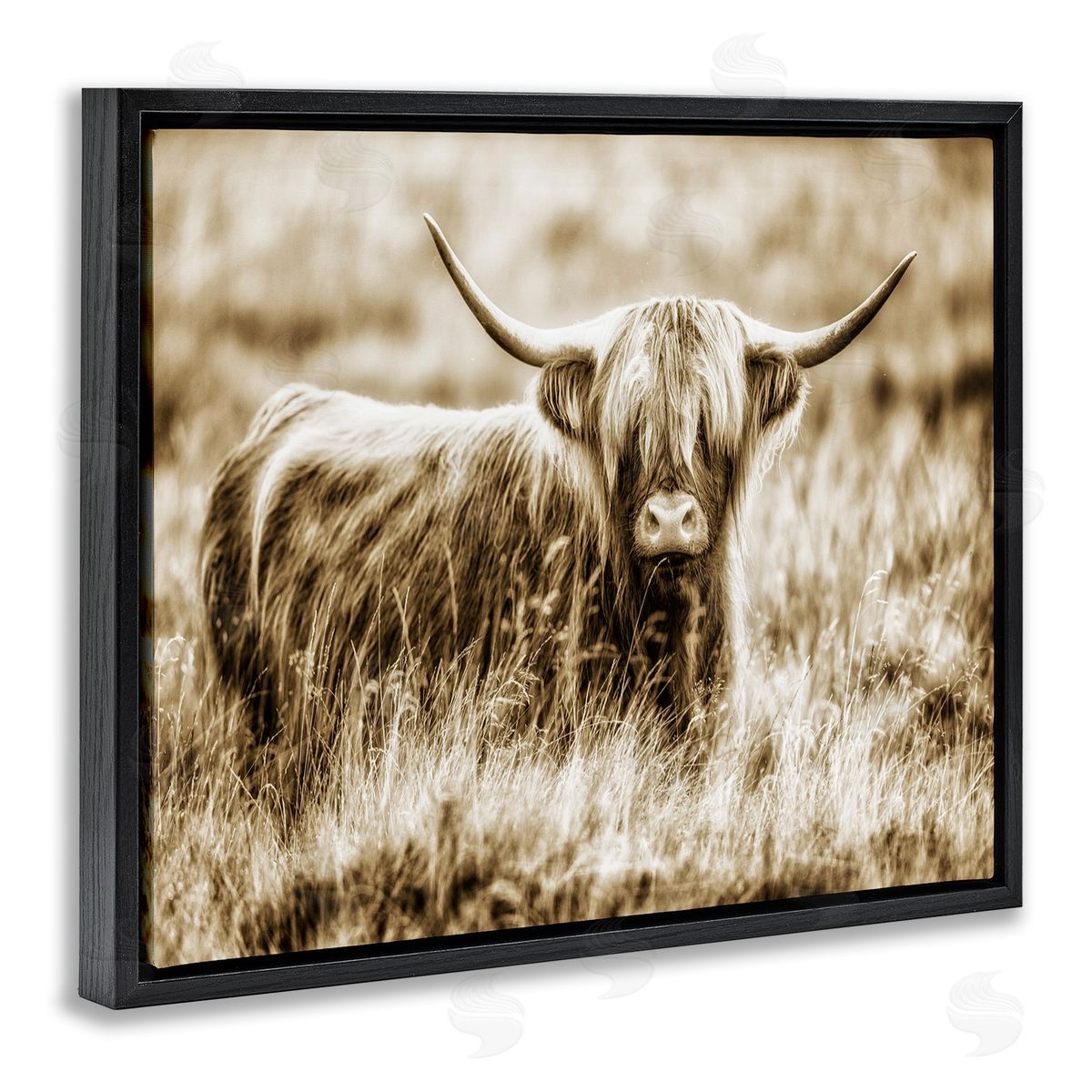 Vintage Cow In Pasture Black Floating Frame Canvas Wall Art, Home Decor by Villager Jim