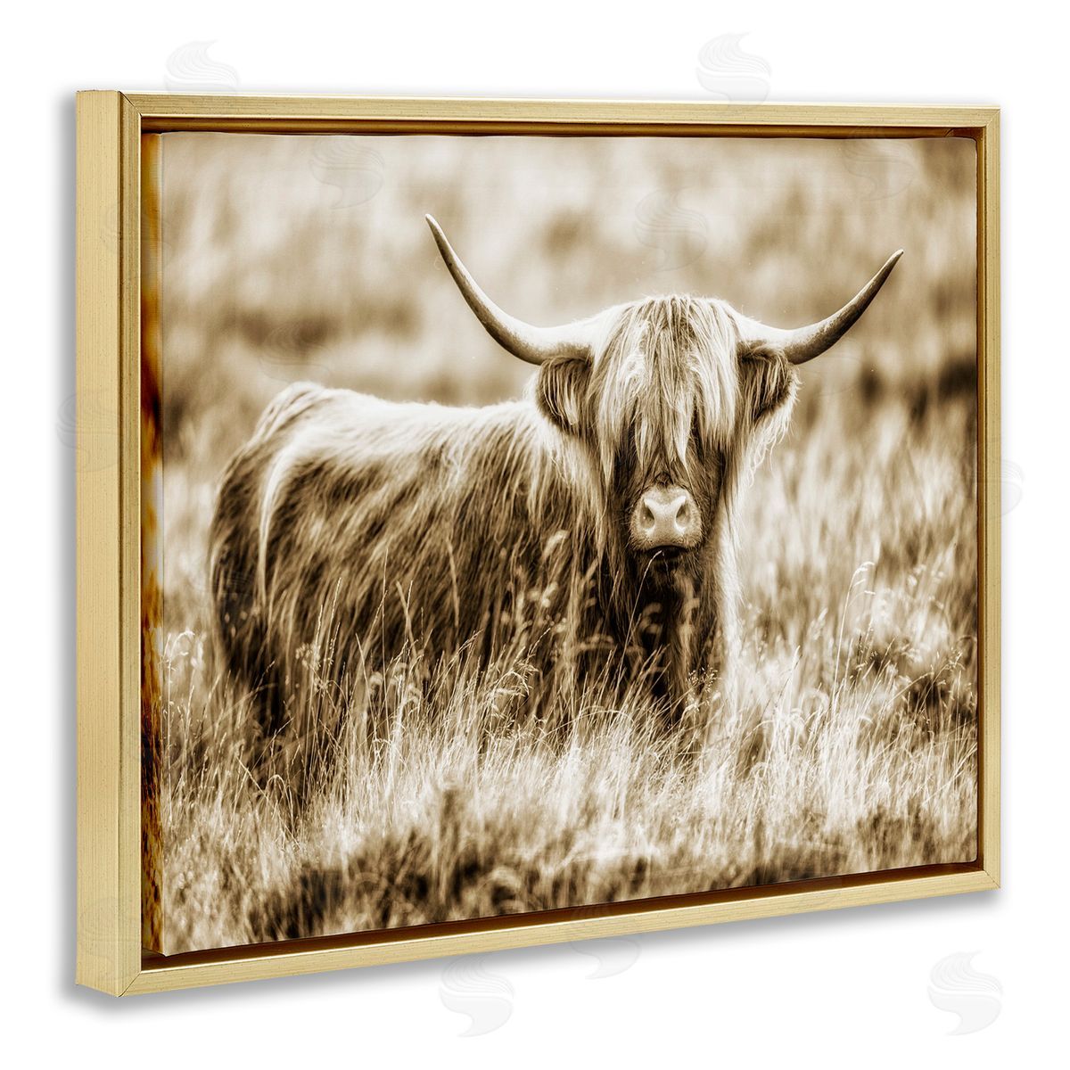 Vintage Cow In Pasture Gold Floating Frame Canvas Wall Art, Home Decor by Villager Jim