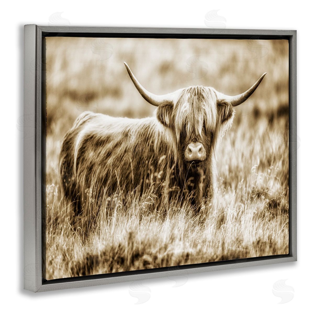 Vintage Cow In Pasture Grey Floating Frame Canvas Wall Art, Home Decor by Villager Jim