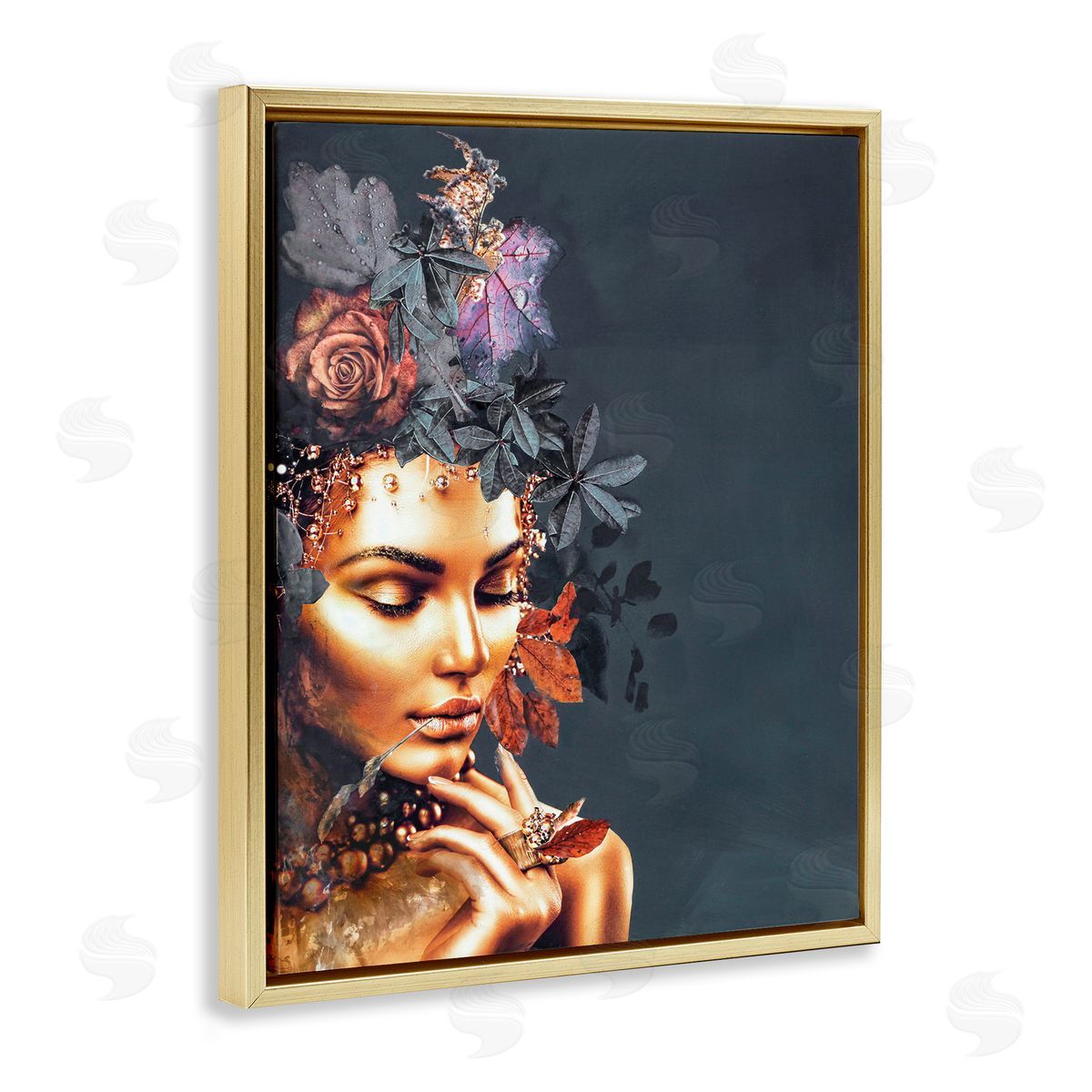 Female Portrait and Florals Gold Floating Frame Canvas Wall Art, Home Decor by Design Fabrikken