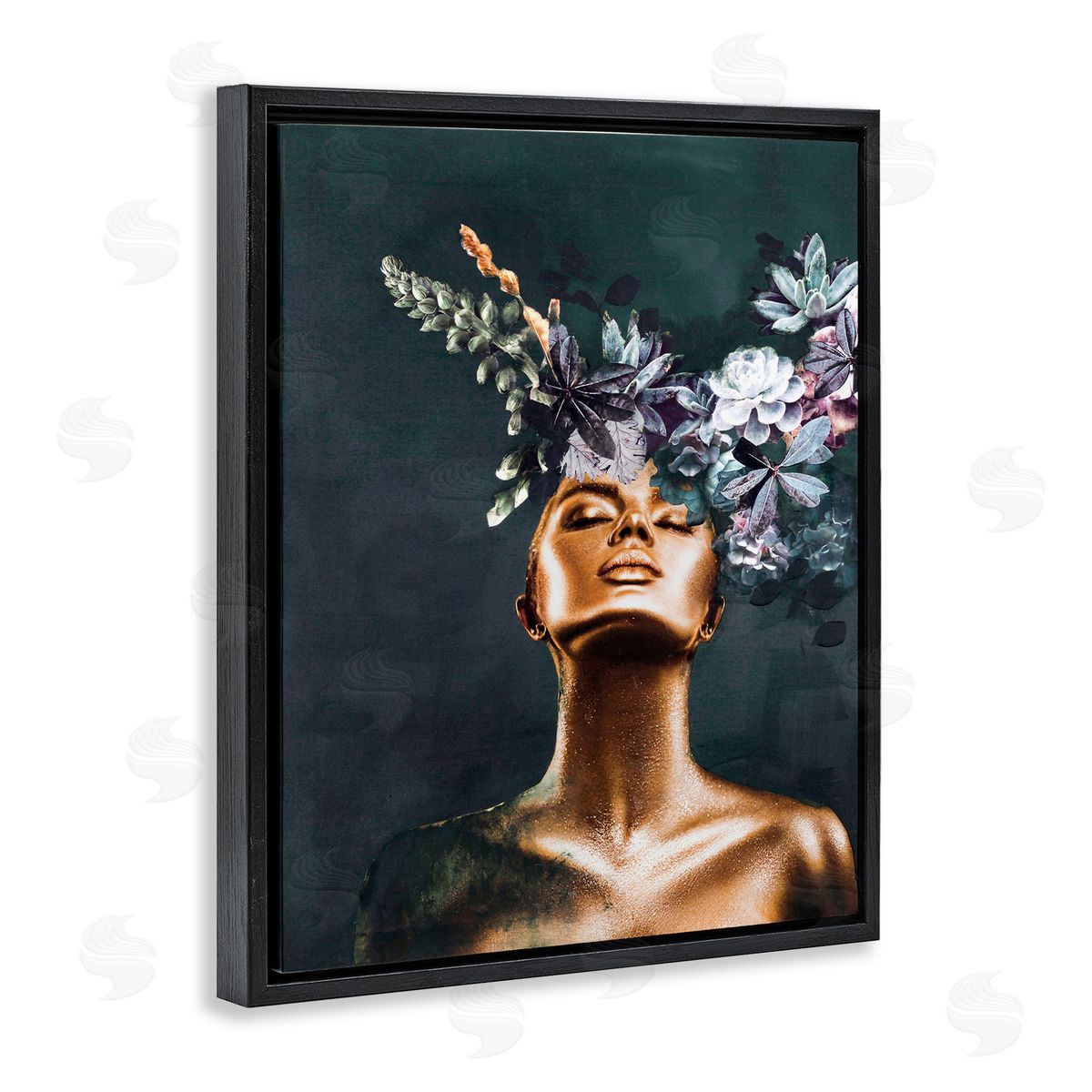 Female Portrait with Succulents Black Floating Frame Canvas Wall Art, Home Decor by Design Fabrikken