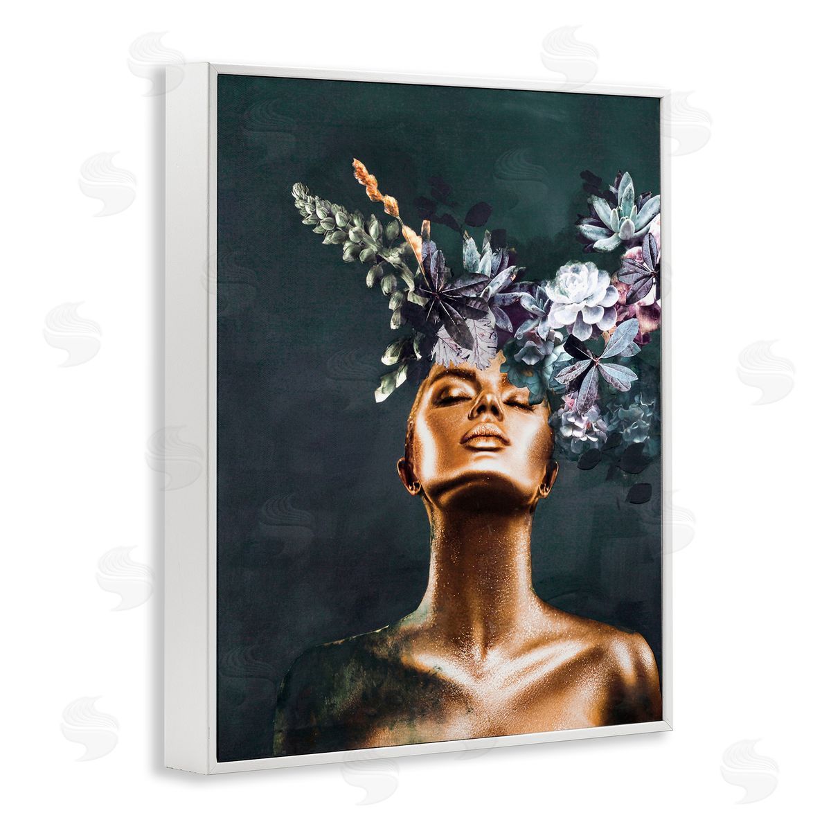 Female Portrait with Succulents White Frame Print Wall Art, Home Decor by Design Fabrikken