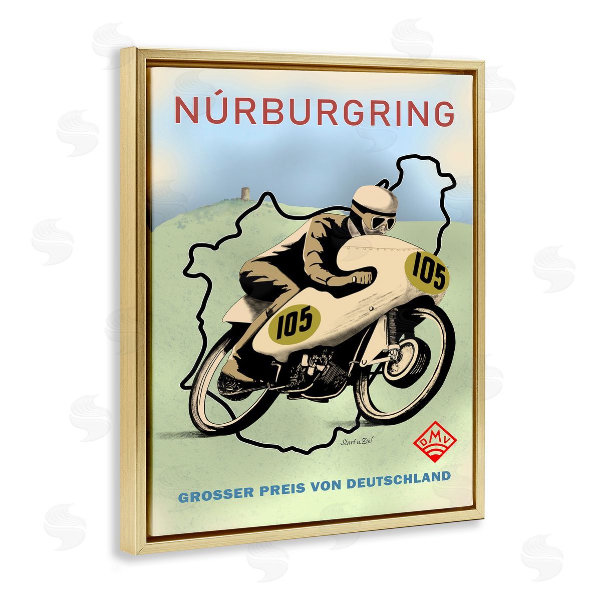 Vintage European Motor Race Gold Floating Frame Canvas Wall Art, Home Decor by Mark Rogan