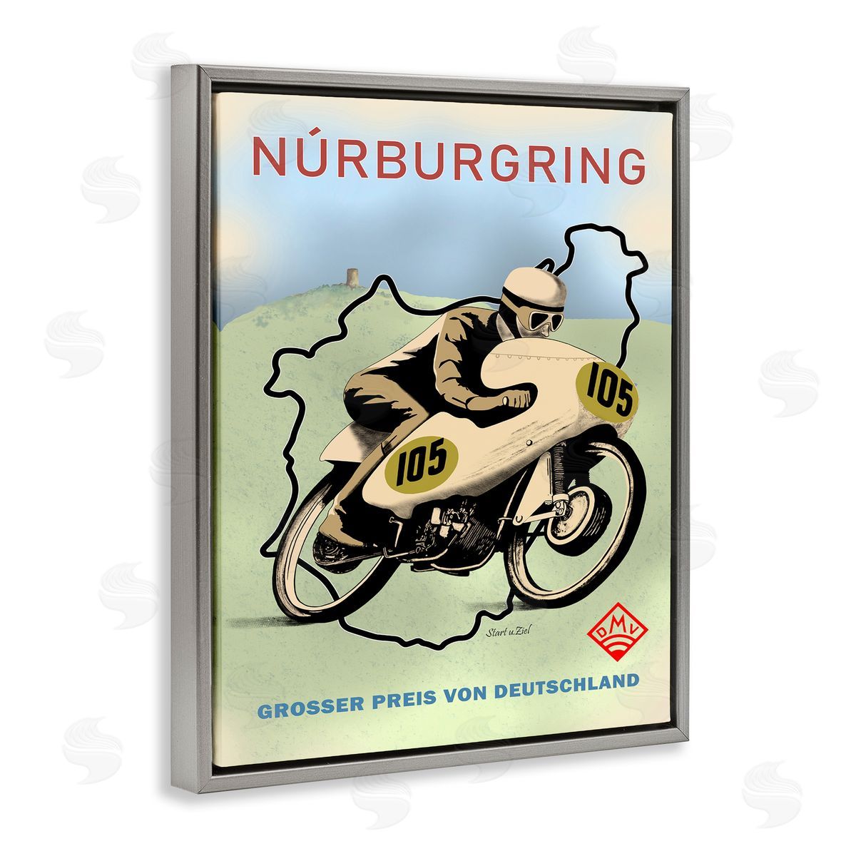 Vintage European Motor Race Grey Floating Frame Canvas Wall Art, Home Decor by Mark Rogan