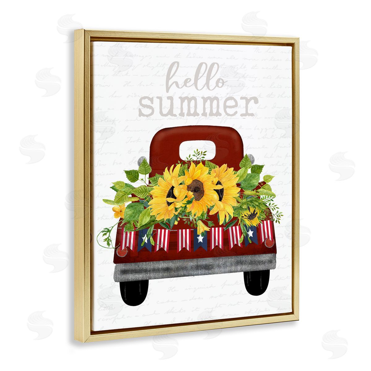 Hello Summer Sunflower Truck Gold Floating Frame Canvas Wall Art, Home Decor by Lettered and Lined