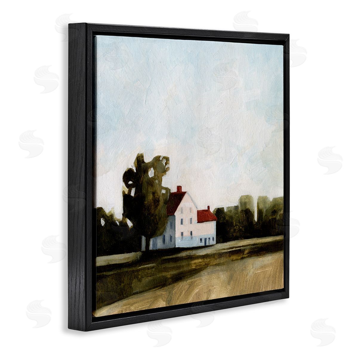 Cottage with Tree Meadow Black Floating Frame Canvas Wall Art, Home Decor by Emma Caroline