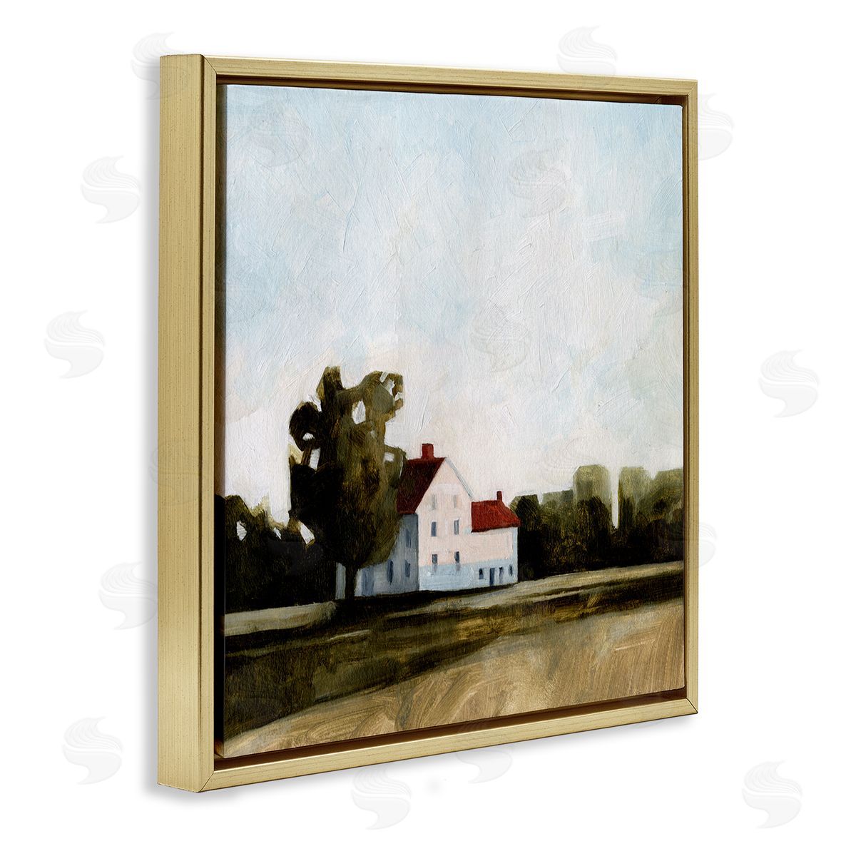 Cottage with Tree Meadow Gold Floating Frame Canvas Wall Art, Home Decor by Emma Caroline