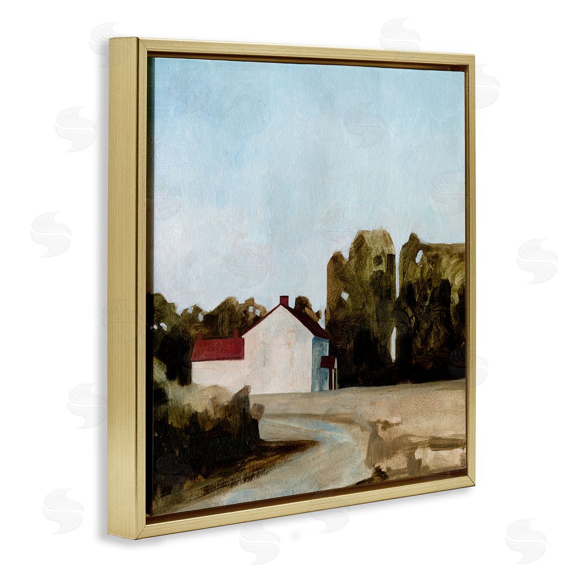 Farmhouse Cottage in Meadow Gold Floating Frame Canvas Wall Art, Home Decor by Emma Caroline