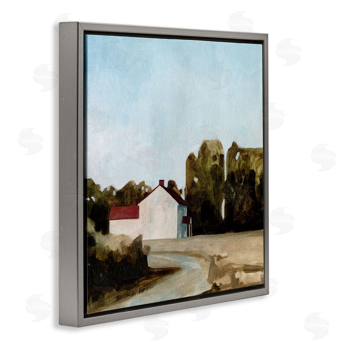 Farmhouse Cottage in Meadow Grey Floating Frame Canvas Wall Art, Home Decor by Emma Caroline