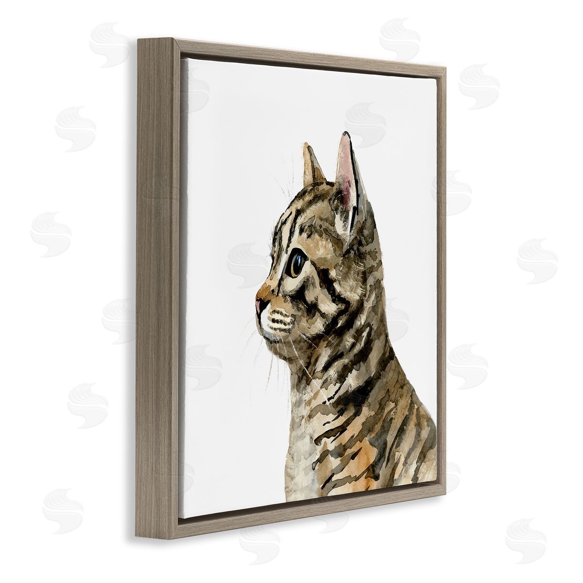 Watercolor Tabby Cat Portrait Brown Floating Frame Canvas Wall Art, Home Decor by Victoria Barnes