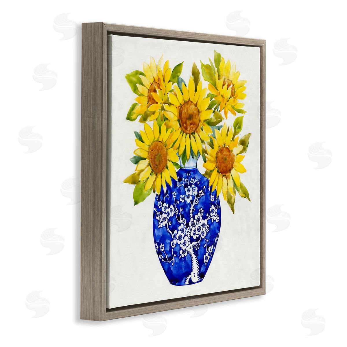 Watercolor Sunflower Bouquet Brown Floating Frame Canvas Wall Art, Home Decor by Tim OToole