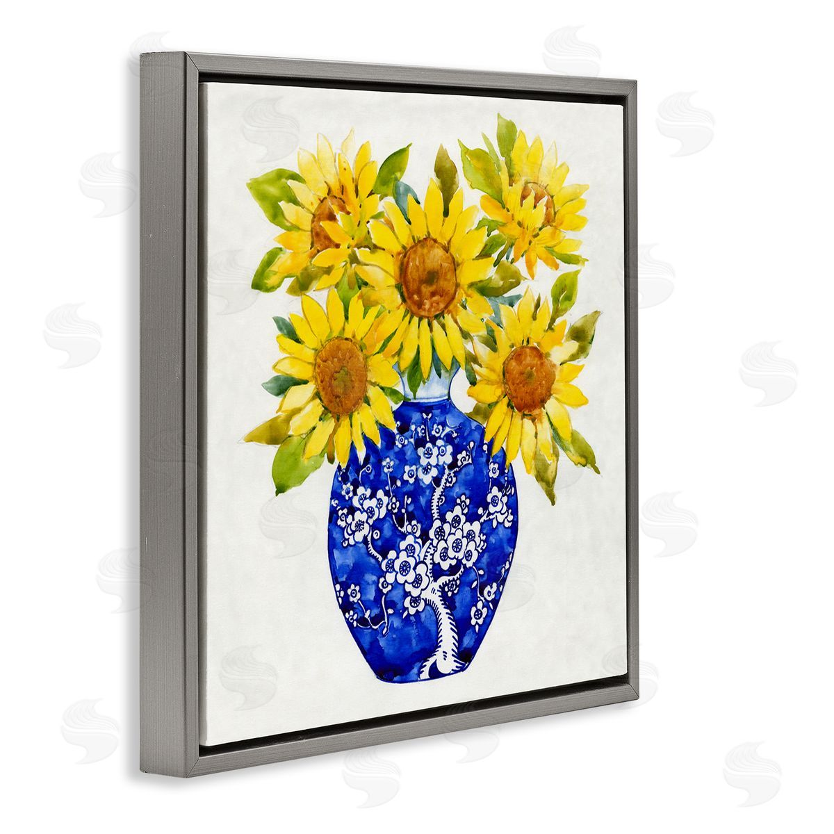 Watercolor Sunflower Bouquet Grey Floating Frame Canvas Wall Art, Home Decor by Tim OToole