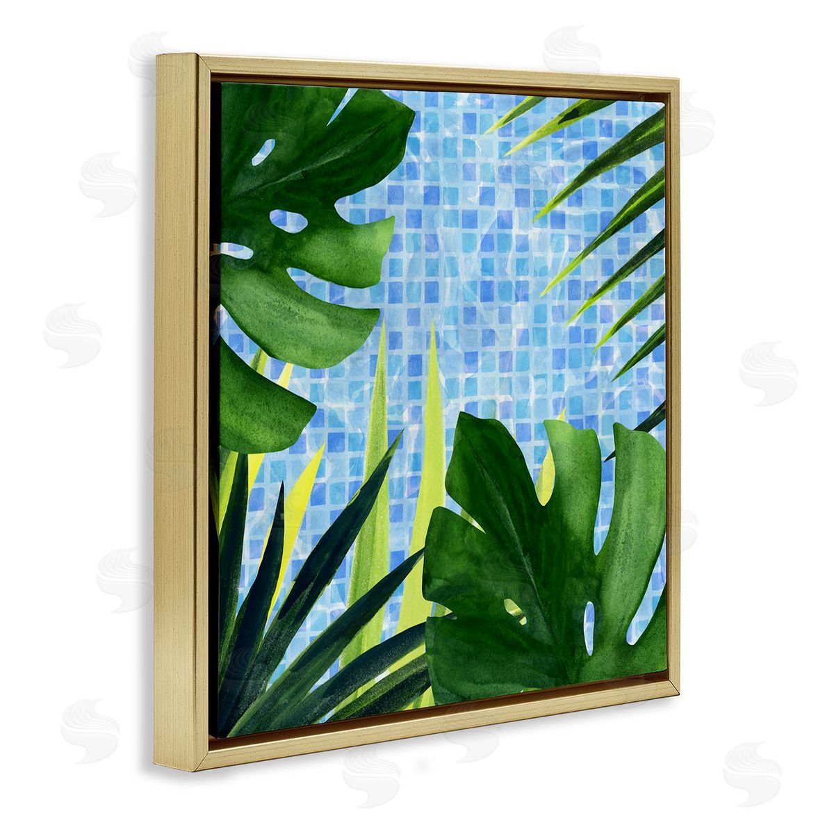 Tropical Poolside Plant Fronds Gold Floating Frame Canvas Wall Art, Home Decor by Annie Warren