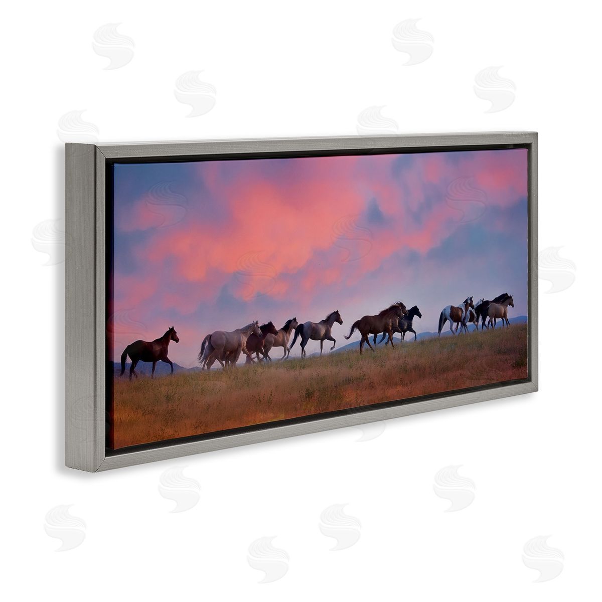 Wild Horses at Sunset Grey Floating Frame Canvas Wall Art, Home Decor by PHBurchett