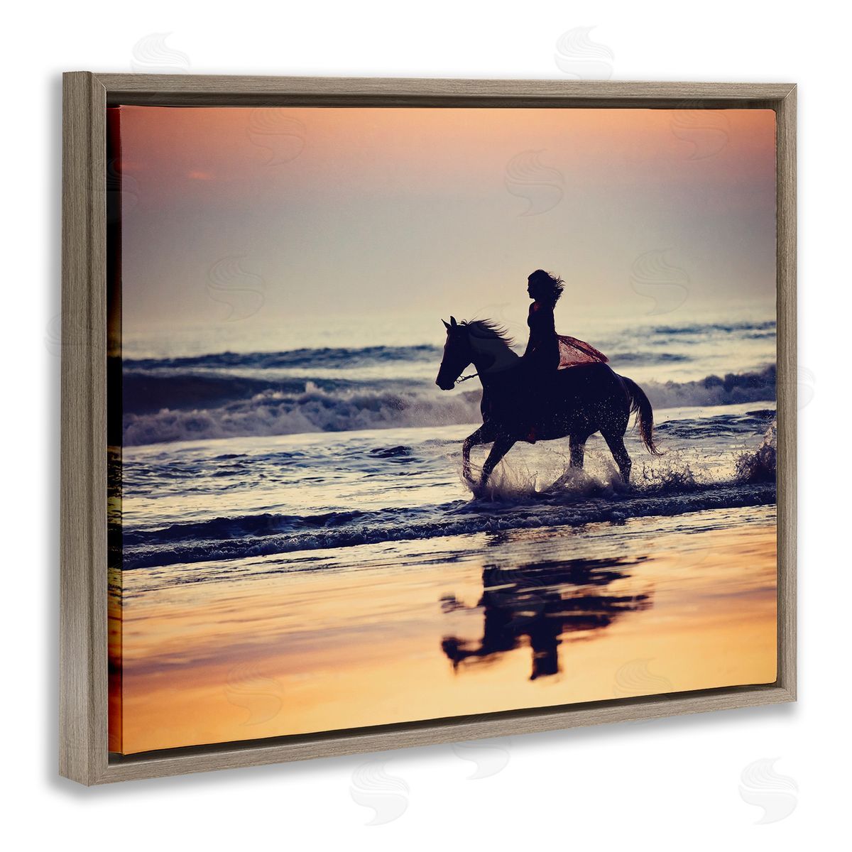 Sunset Beach Horseback Rider Brown Floating Frame Canvas Wall Art, Home Decor by PHBurchett