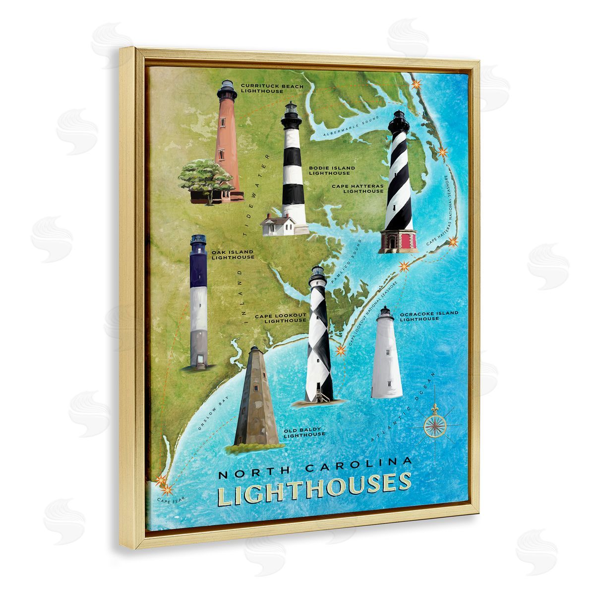 North Carolina Lighthouse Map Gold Floating Frame Canvas Wall Art, Home Decor by Art Licensing Studio