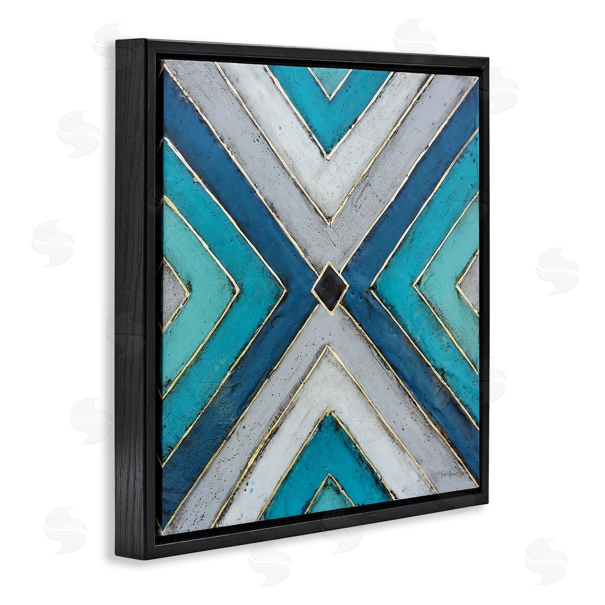 Geometric Blue Symmetrical Shapes Black Floating Frame Canvas Wall Art, Home Decor by Britt Hallowell