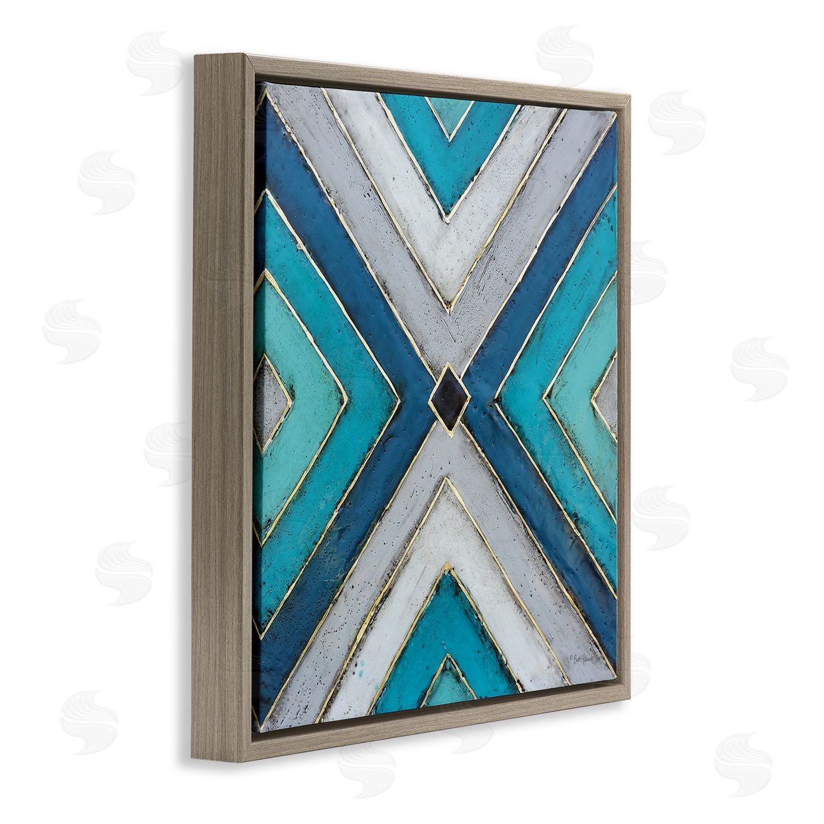 Geometric Blue Symmetrical Shapes Brown Floating Frame Canvas Wall Art, Home Decor by Britt Hallowell