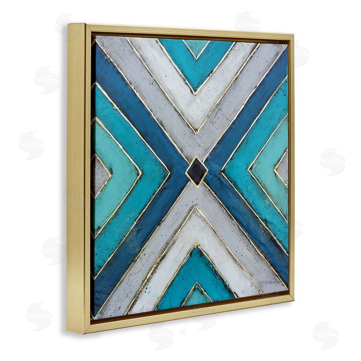 Geometric Blue Symmetrical Shapes Gold Floating Frame Canvas Wall Art, Home Decor by Britt Hallowell