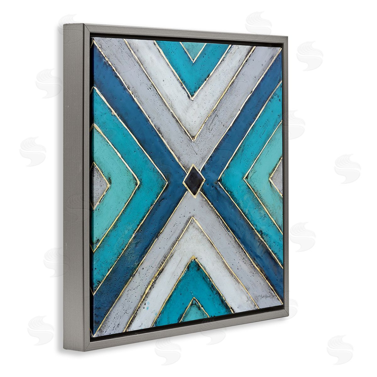 Geometric Blue Symmetrical Shapes Grey Floating Frame Canvas Wall Art, Home Decor by Britt Hallowell