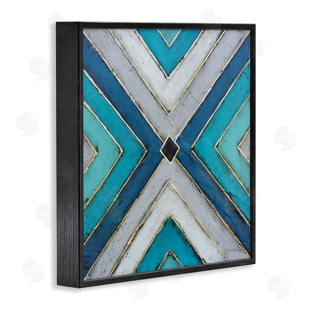 Geometric Blue Symmetrical Shapes Black Frame Print Wall Art, Home Decor by Britt Hallowell
