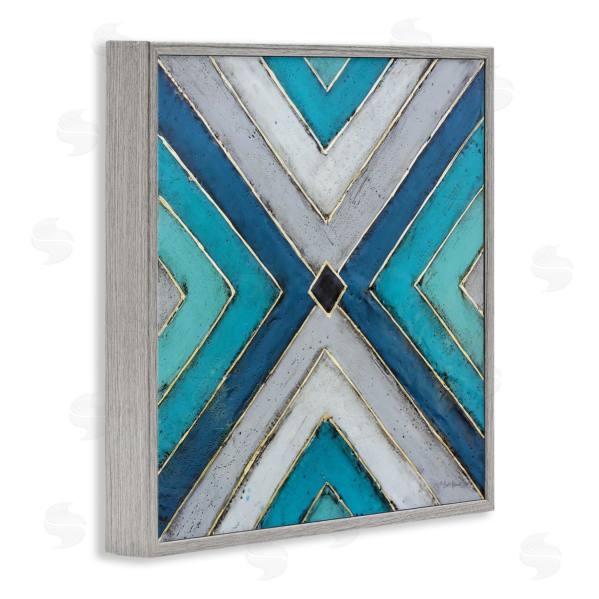 Geometric Blue Symmetrical Shapes Grey Frame Print Wall Art, Home Decor by Britt Hallowell