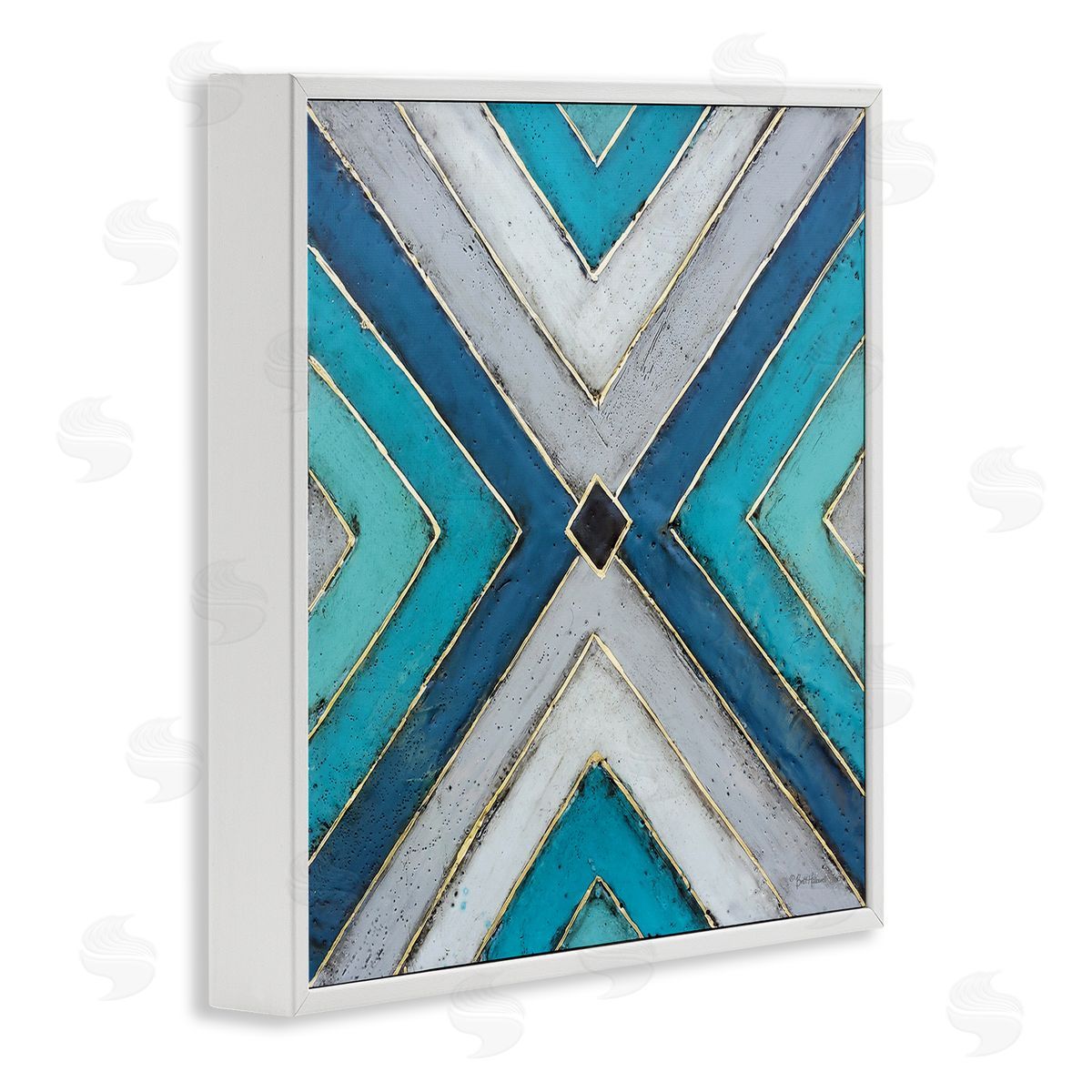 Geometric Blue Symmetrical Shapes White Frame Print Wall Art, Home Decor by Britt Hallowell