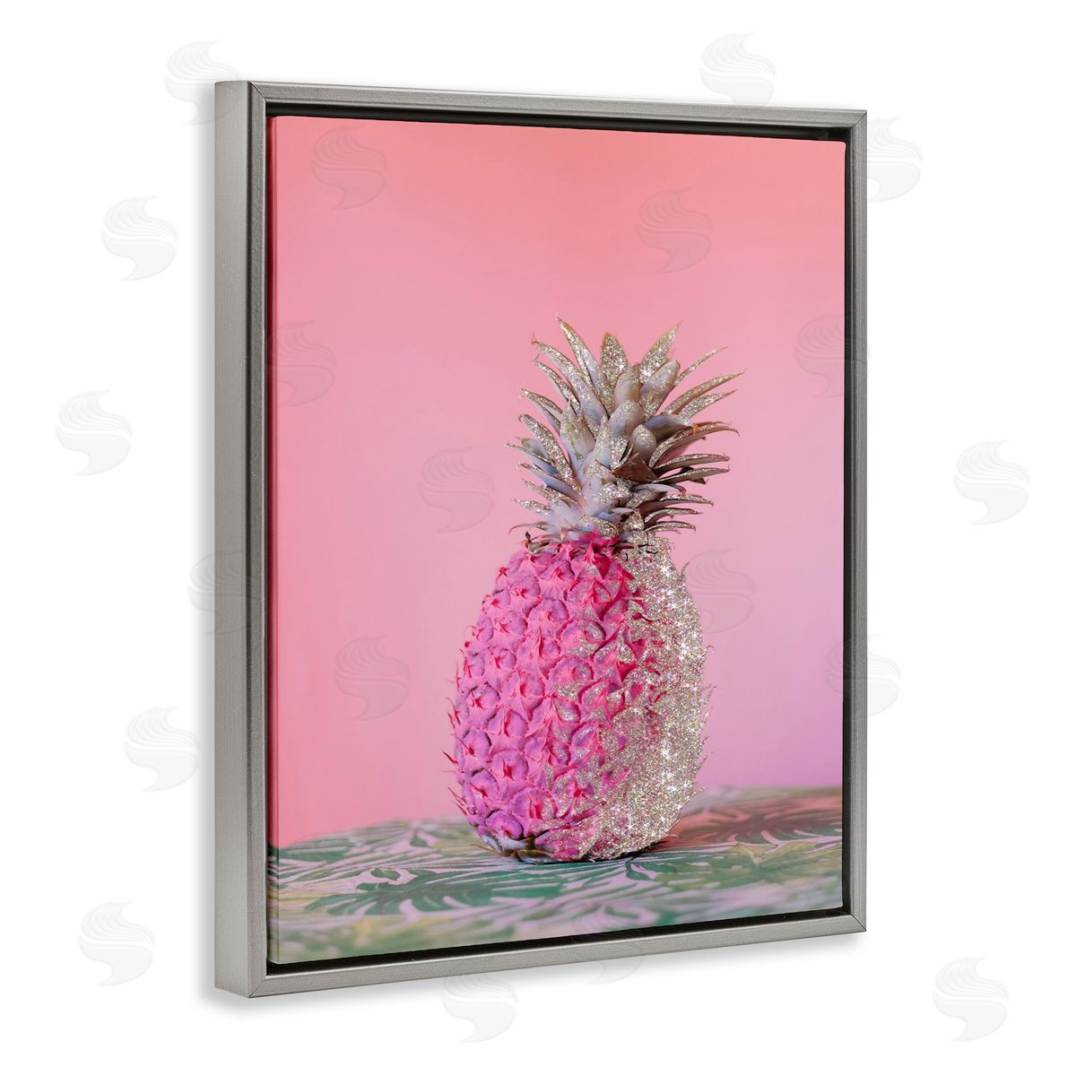 Pink Glam Disco Pineapple Grey Floating Frame Canvas Wall Art, Home Decor by Ziwei Li