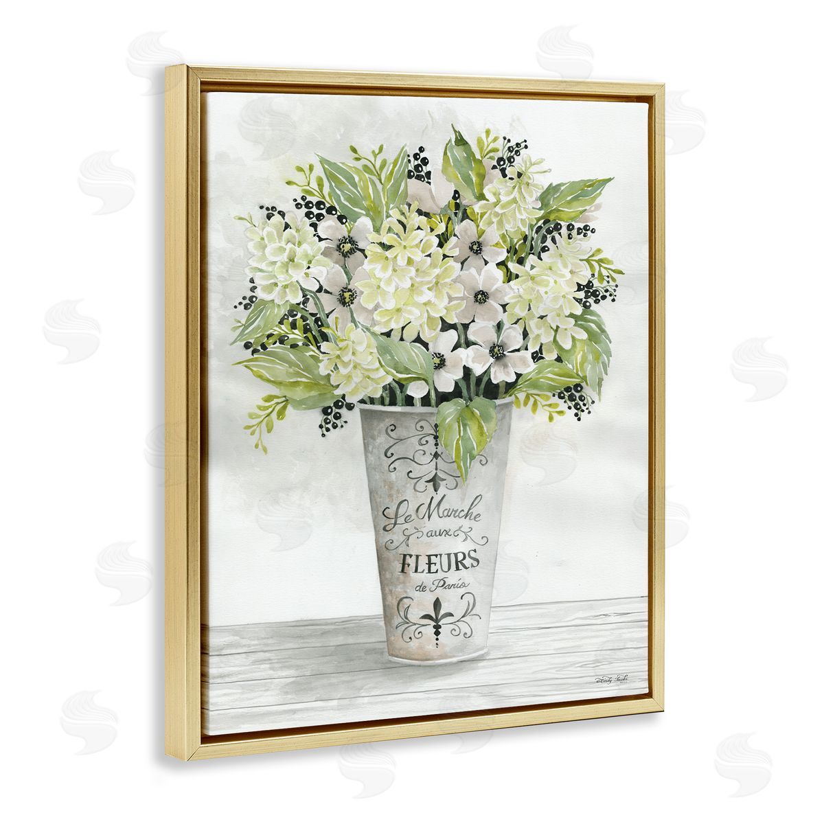 French Floral Greenery Bouquet Gold Floating Frame Canvas Wall Art, Home Decor by Cindy Jacobs