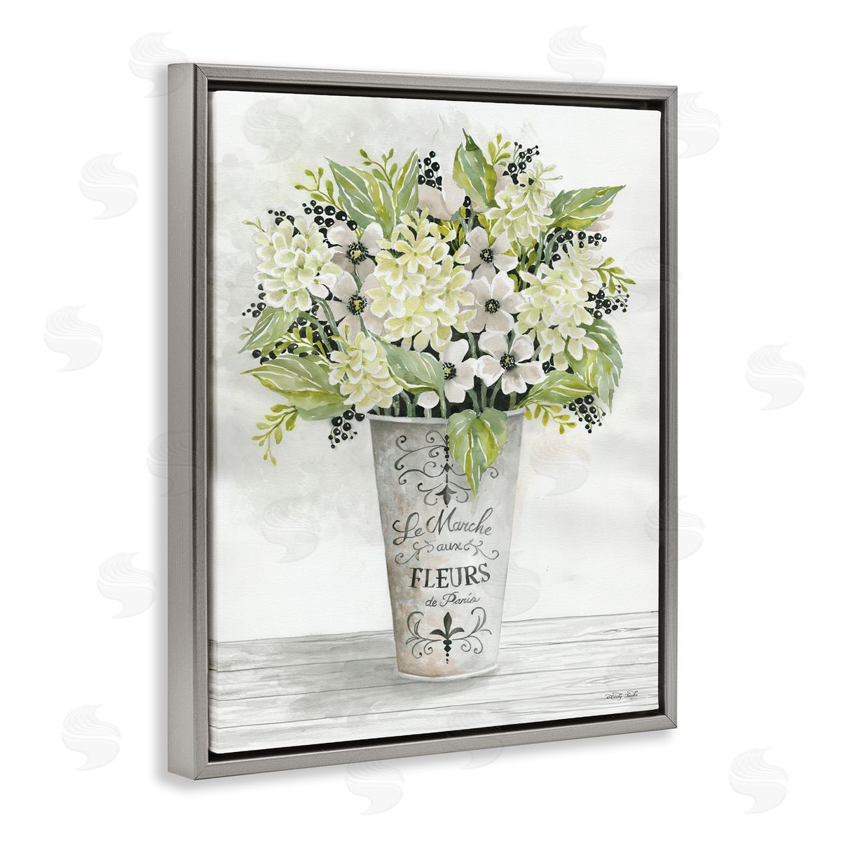 French Floral Greenery Bouquet Grey Floating Frame Canvas Wall Art, Home Decor by Cindy Jacobs