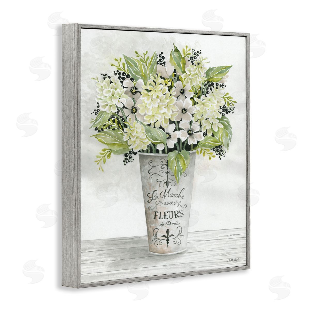 French Floral Greenery Bouquet Grey Frame Print Wall Art, Home Decor by Cindy Jacobs
