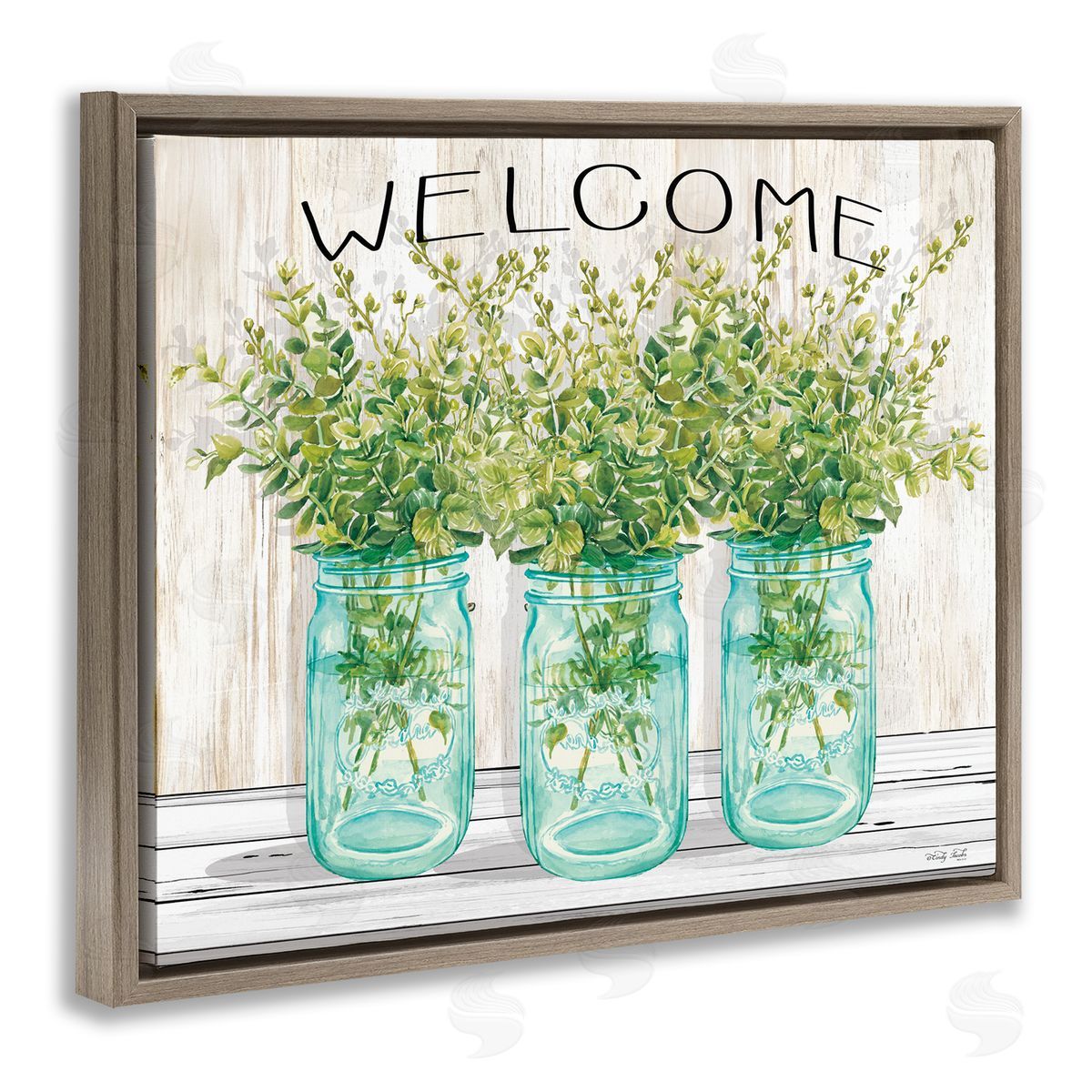 Welcome Sign With Botanical Jars Brown Floating Frame Canvas Wall Art, Home Decor by Cindy Jacobs