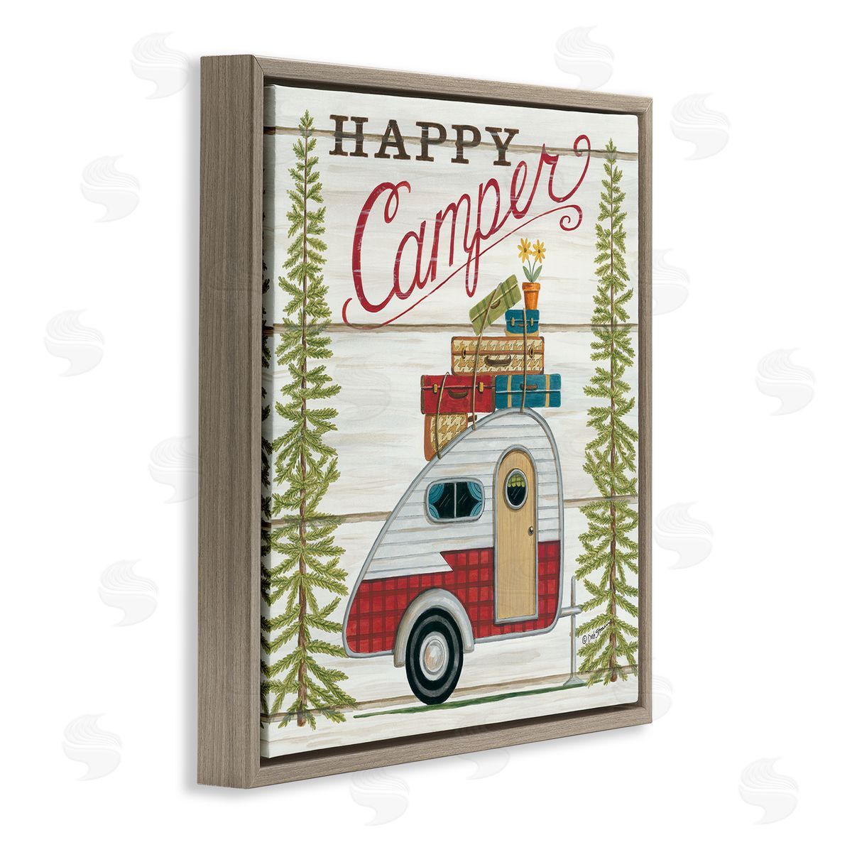 Rustic Happy Camper Phrase Brown Floating Frame Canvas Wall Art, Home Decor by Deb Strain