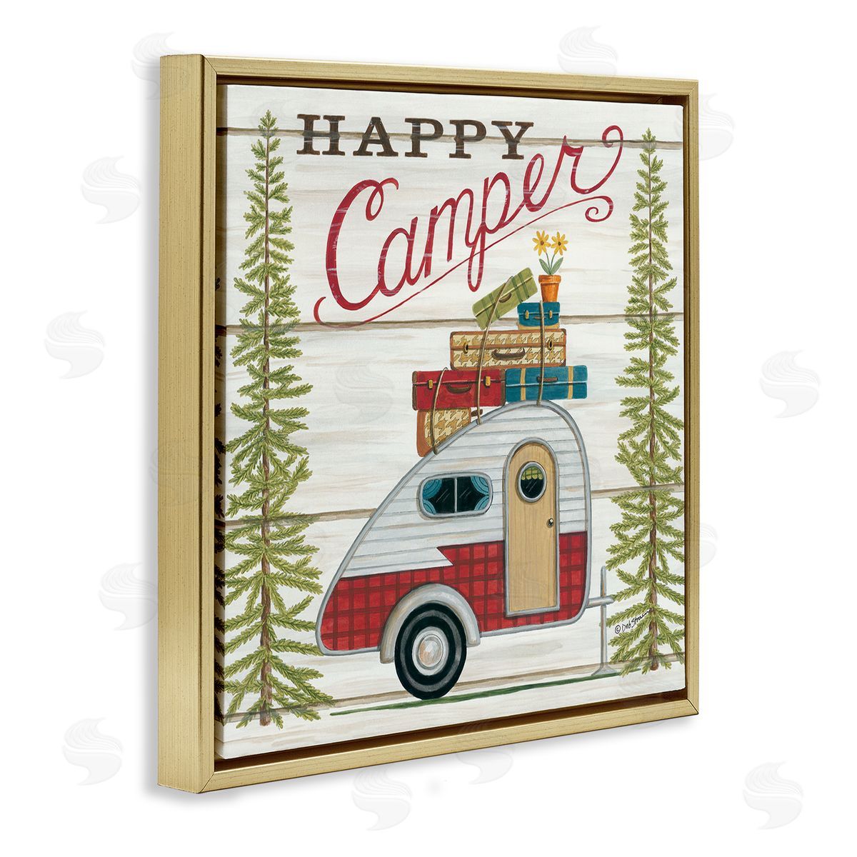 Rustic Happy Camper Phrase Gold Floating Frame Canvas Wall Art, Home Decor by Deb Strain