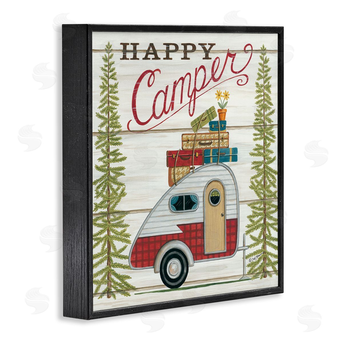 Rustic Happy Camper Phrase Black Frame Print Wall Art, Home Decor by Deb Strain
