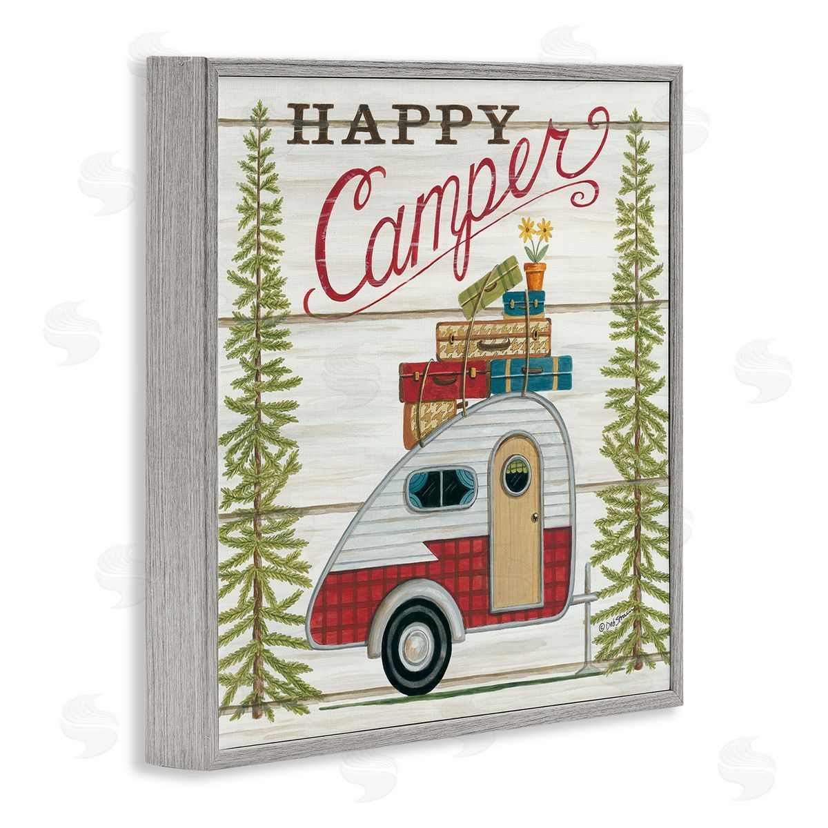 Rustic Happy Camper Phrase Grey Frame Print Wall Art, Home Decor by Deb Strain
