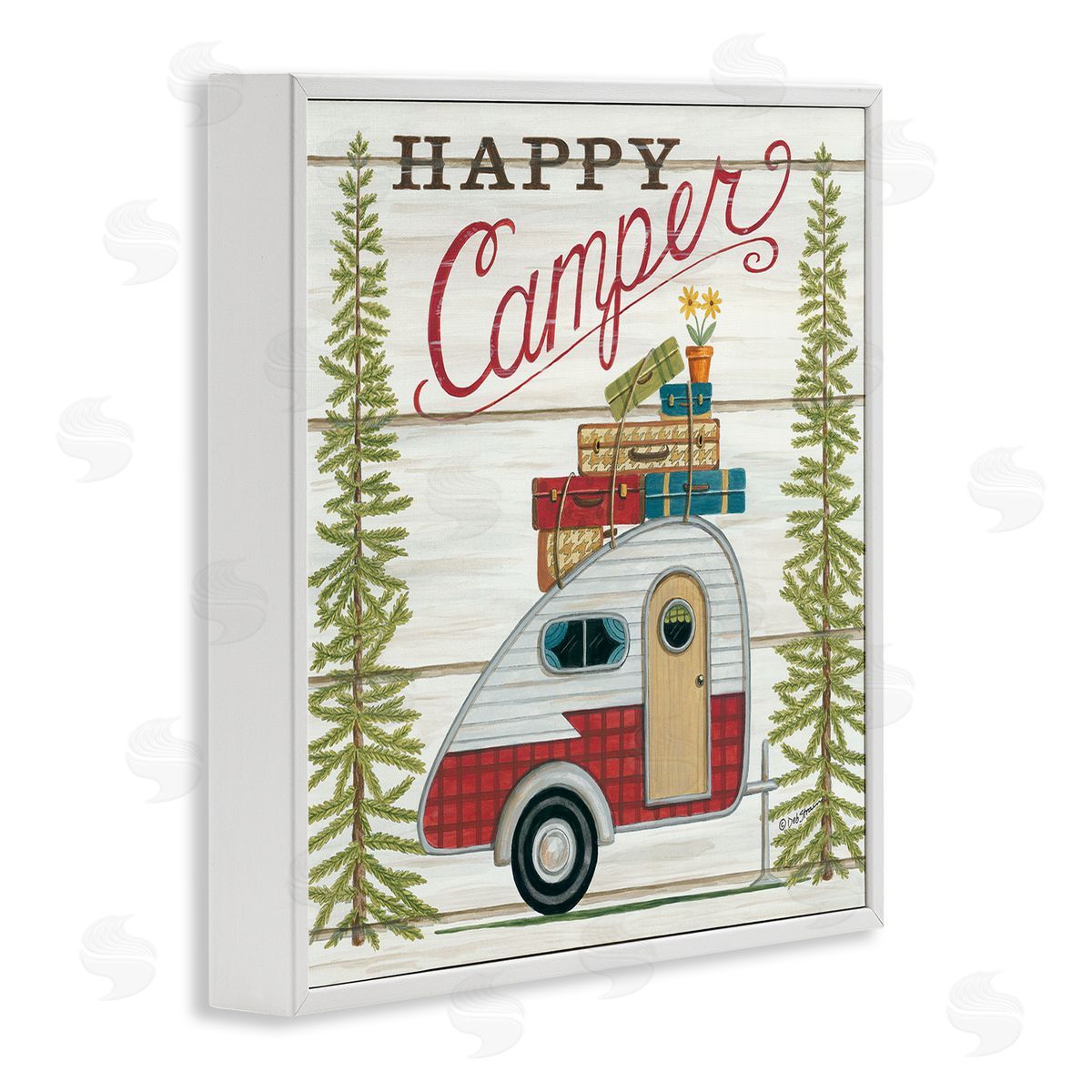 Rustic Happy Camper Phrase White Frame Print Wall Art, Home Decor by Deb Strain