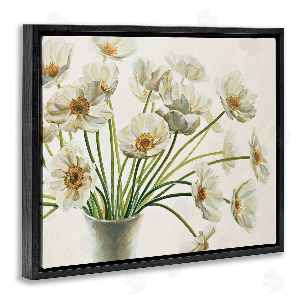 Peaceful White Poppy Bouquet Black Floating Frame Canvas Wall Art, Home Decor by Eva Barberini