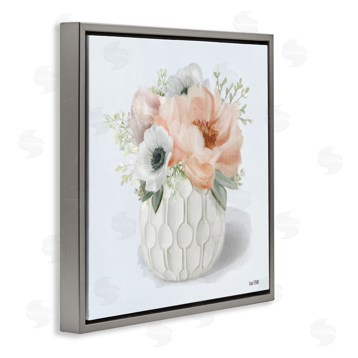 Cottage Florals in Geometric Vase Grey Floating Frame Canvas Wall Art, Home Decor by House Fenway