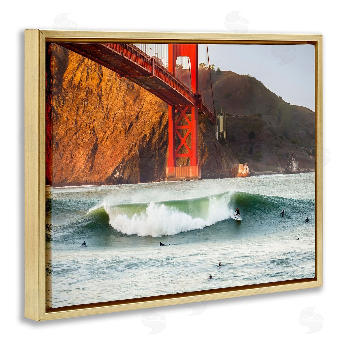 Golden Gate Surfers California Gold Floating Frame Canvas Wall Art, Home Decor by Dave Gordon