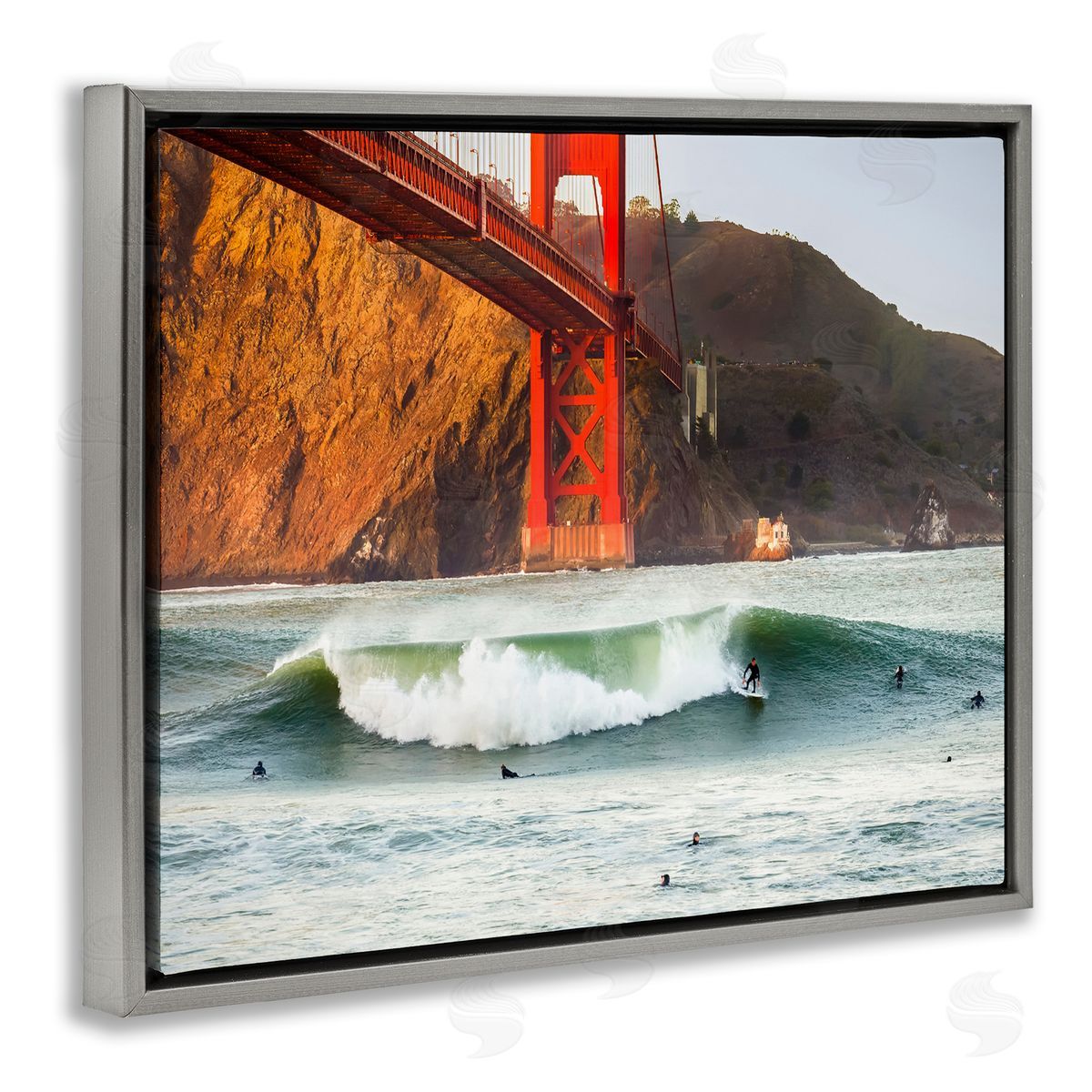 Golden Gate Surfers California Grey Floating Frame Canvas Wall Art, Home Decor by Dave Gordon