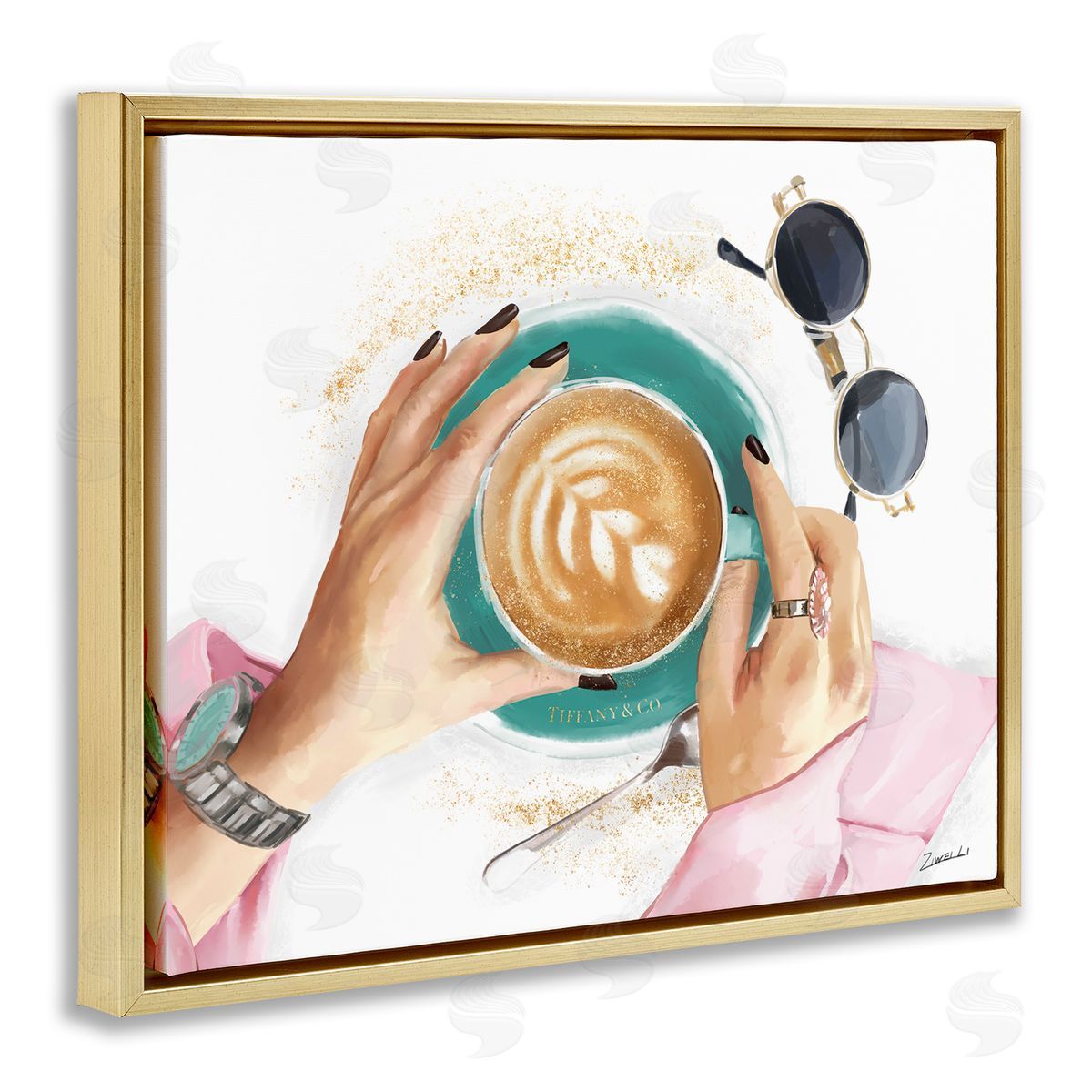 Latte Art with Fashion Accent Gold Floating Frame Canvas Wall Art, Home Decor by Ziwei Li