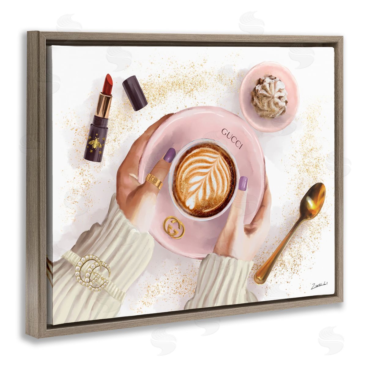 Cappuccino Art with Fashion Accent Brown Floating Frame Canvas Wall Art, Home Decor by Ziwei Li